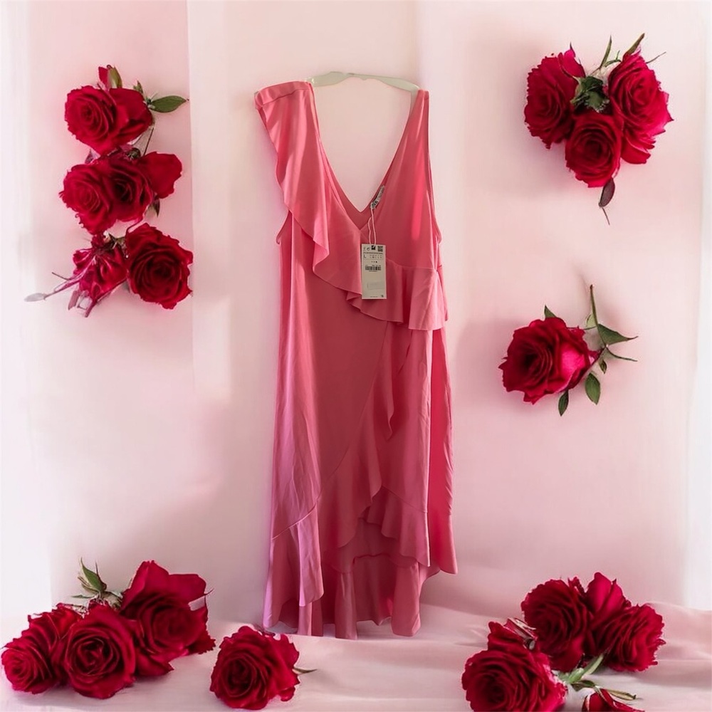 Zara nwt Elegant Pink Ruffle Dress